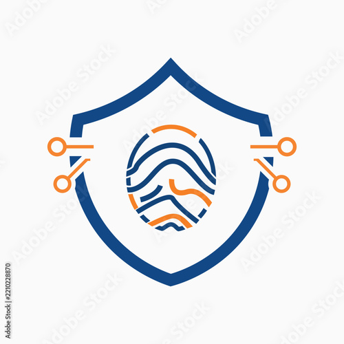 Biometric fingerprint security shield icon with circuit node connections isolated on white