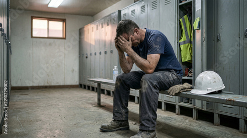 Stressed Industrial Worker Sitting Alone in Locker Room Overwhelmed Exhausted Blue Collar Man Depressed After Hard Physical Labor Concept for Workplace Burnout Mental Health Struggle Professional, Man