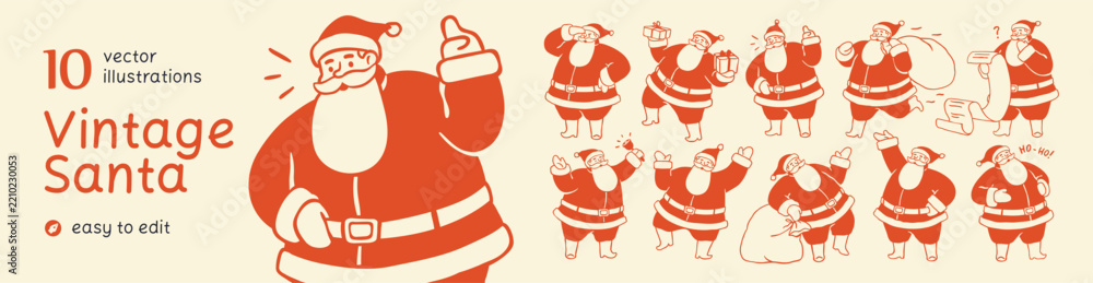 Obraz premium Vintage Santa Claus character. Xmas and New Year Santa, Merry Christmas set. Cute funny Christmas character in traditional red suit, with gift bag, noel pack, present. Flat vector illustrations