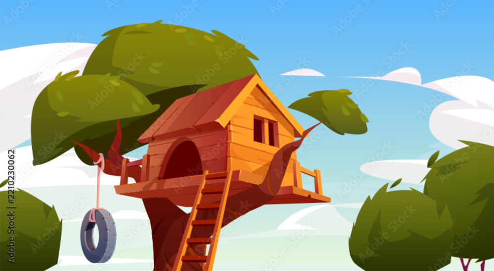 Obraz premium Tree house illustration of children wooden treehouse on forest branches. Fantasy rural cartoon cabin drawing with playhouse ladder and wheel tire swing hanging on rope in sunny summer yard scene.