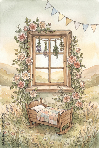 Rustic countryside nursery watercolor illustration with vintage cottage garden theme for baby shower invitation, newborn welcome card, storybook print and cozy family celebration design