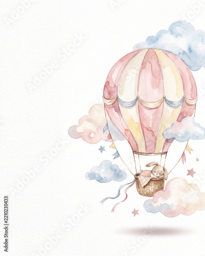 Whimsical watercolor baby shower background with dreamy nursery sky adventure theme for newborn invitation card, kids room decor and gender reveal celebration design with copy space