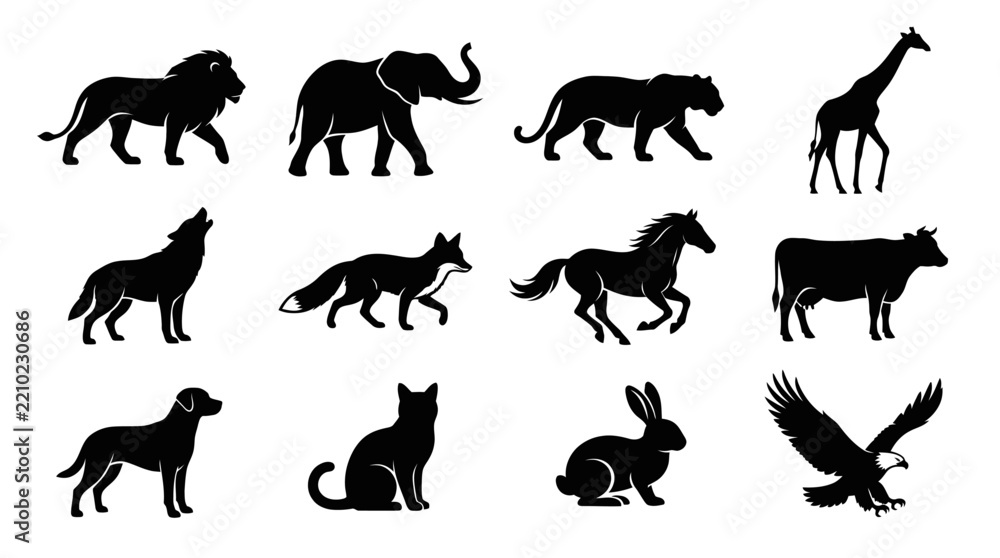 Fototapeta premium Animal silhouettes collection featuring various wildlife species and domestic creatures