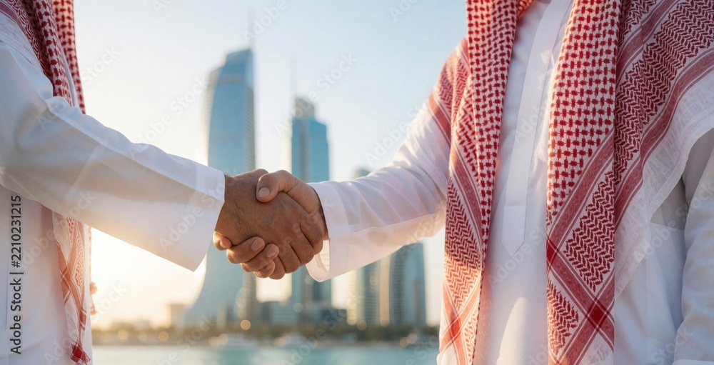 Fototapeta premium Two Saudi businessmen make pro handshake in modern city. Middle East partners seal deal with agreement outdoors. Men wear traditional thobe, keffiyeh near skyscrapers. Successful corporate
