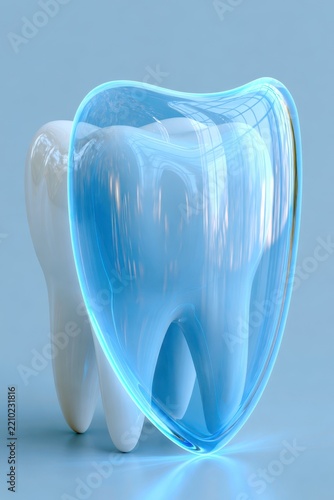 Tooth encapsulated in a translucent blue shield, representing strong enamel protection, oral care, and dental health prevention