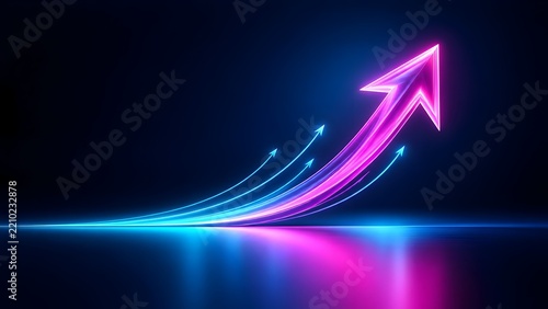 Glowing neon pink and blue curved arrows rising upward on dark reflective surface symbolizing rapid business growth and digital acceleration