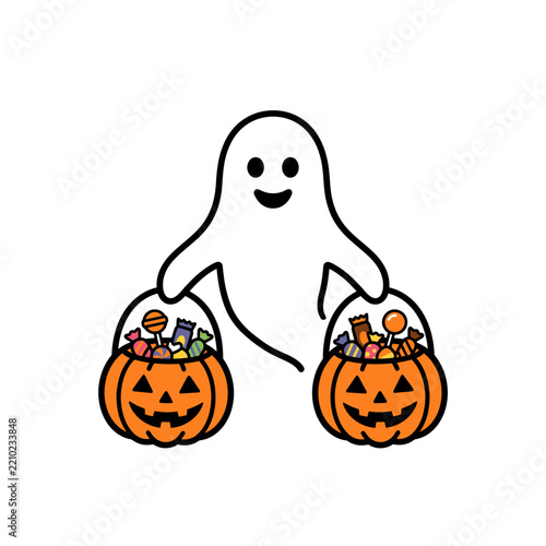 Ghost holding two pumpkin baskets full of Halloween candy