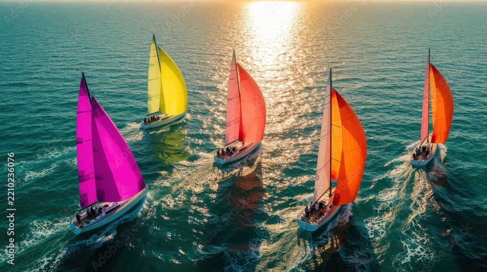 Obraz premium Aerial view of colorful sailboats racing on blue ocean during sunset. Multiple yachts with vibrant pink, yellow, red, orange, peach sails move through sea waves. Marine regatta competition takes