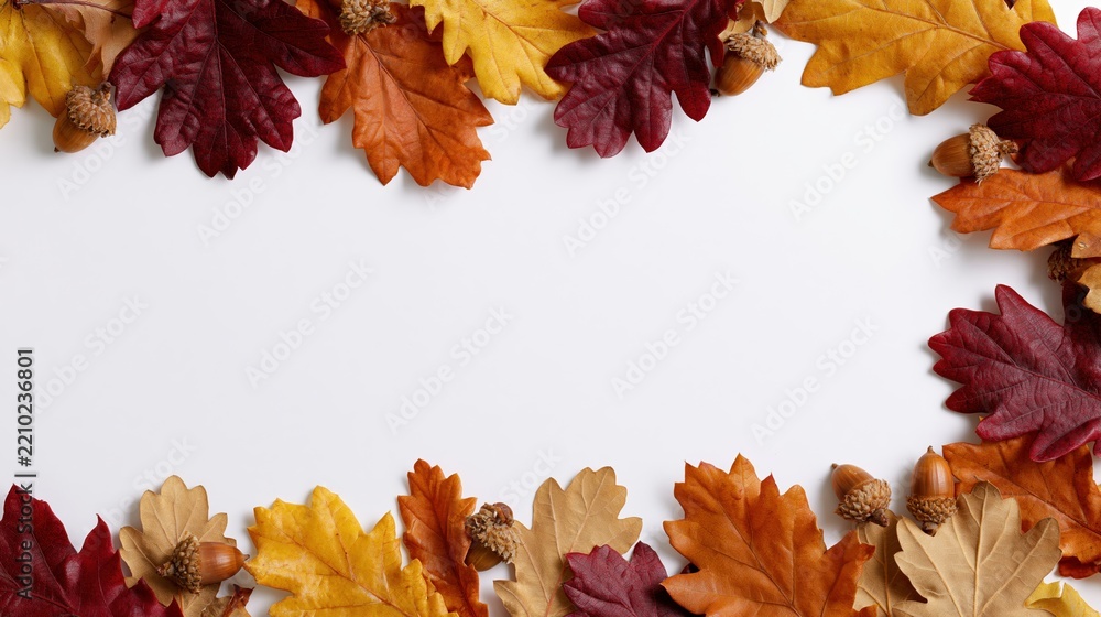 Fototapeta premium The Autumn Leaves Border Frame Framing White Center for Flatlay Composition