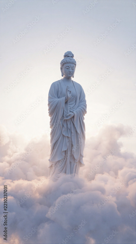 Fototapeta premium Guanyin Statue Surrounded by Clouds Beneath Peaceful Sky in Serene Sacred Setting
