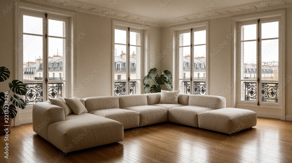 Fototapeta premium Minimalist Parisian apartment living room with large beige sectional sofa. Tall windows overlook city buildings, streets. Bright indoor space features hardwood floors, neutral colors, elegant