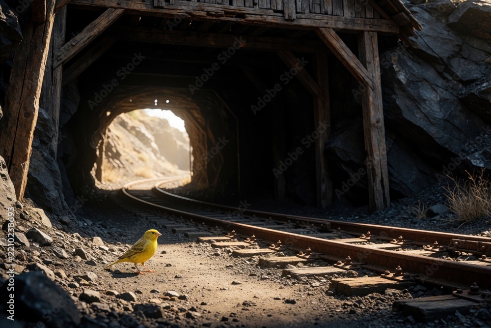 Fototapeta premium Small yellow canary bird stands on gravel near old coal mine entrance. Rusty railway tracks lead into dark tunnel. Bright sunlight shines through mine opening onto rocky ground. Lone bird sits in