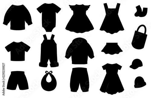 Vector set of black silhouette of children and toddler clothing clipart. Monochrome collection of hand drawn dresses, trousers, shorts