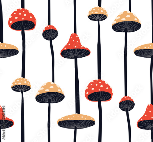 Seamless vector pattern with fly agaric mushrooms on white background. Vertical texture with hand drawn mushrooms in row