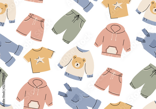 Seamless vector pattern with childish clothing in pastel colors on a white background. Trendy fashion texture with clothing