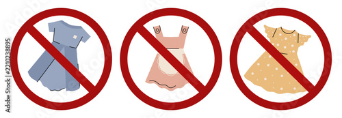 Vector set of prohibition signs with children dresses. No entry for children in dress and skirt. Collection of forbidden badges