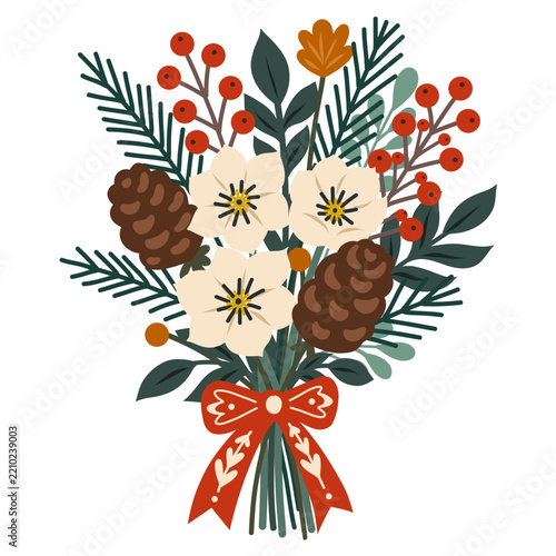 Vector illustration of a Christmas bouquet with pine cones, berries, and flowers. Festive decoration. Bridal bouquet.