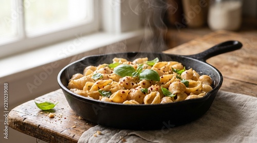 Pasta Shells Cooked in a Steaming Cast Iron Skillet Topped with Fresh Basil Leaves and Red Chili Flakes on a Rustic Wooden Table