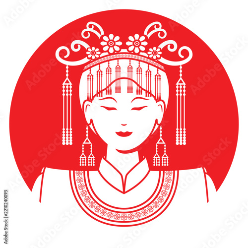 Line art illustration vector of Chinese beautiful lady dress in formal wedding with Chinese crown drawing in red and white