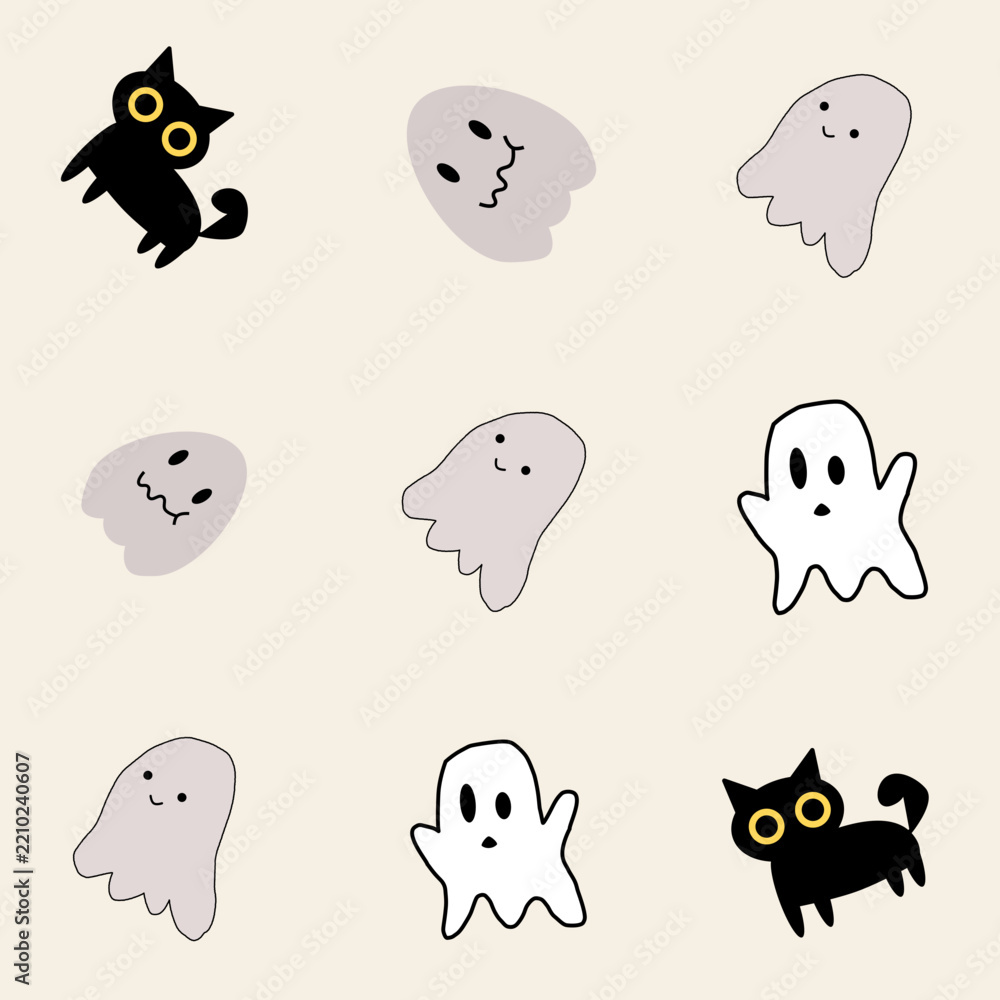 Fototapeta premium Cute Halloween Seamless Pattern with Black Cat and Ghost on White Background