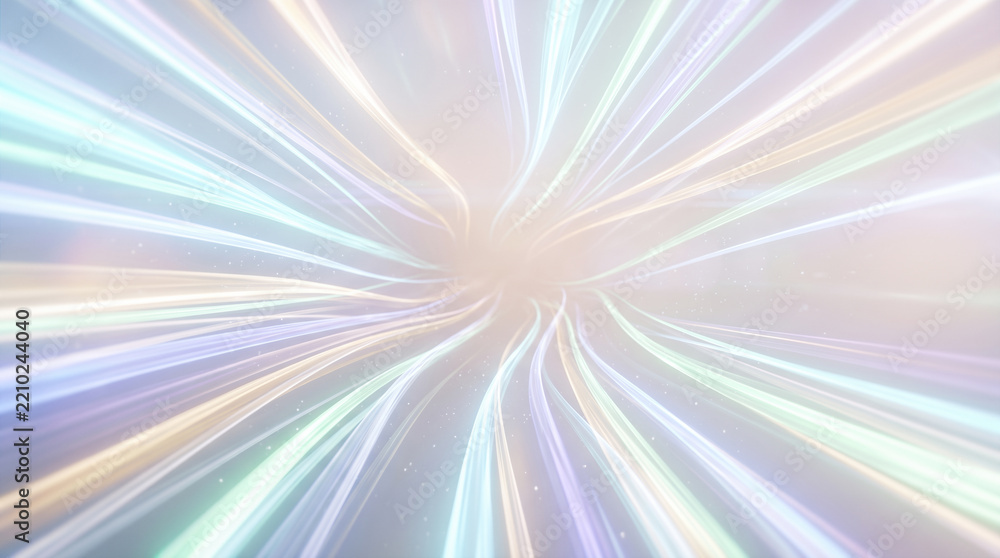 Fototapeta premium Abstract pastel glowing light trails converging into central bright vanishing point showing warp speed motion effect inside futuristic dimensional tunnel background
