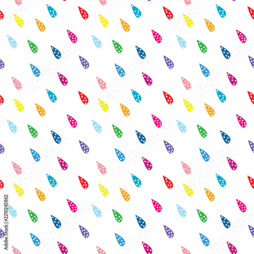A seamless vector illustration of colorful vibrant raindrops with white polka dots on a clean background.