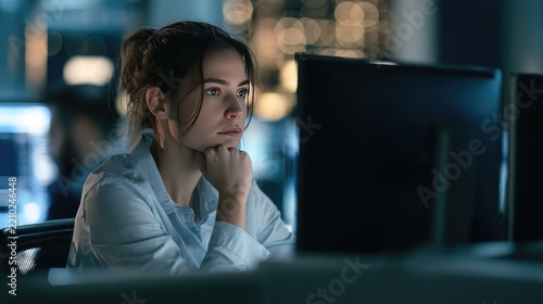 Focused Coder at Night: A young woman, engrossed in her work, studies lines of code on a computer screen in a dimly lit office environment, reflecting deep concentration and dedication.