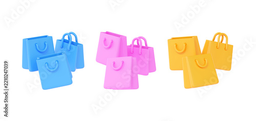 Shop icon featuring 3D render of colorful bags with gift boxes, isolated mall elements include payment cards, delivery packages and vibrant vouchers for retail promotion concept