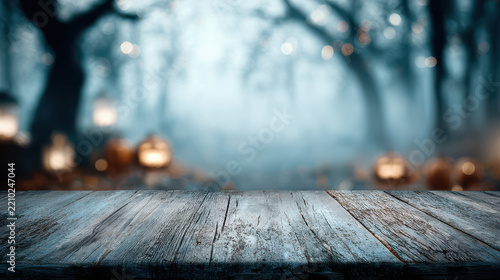 Halloween mockup background with empty rustic wooden table and blurred spooky background