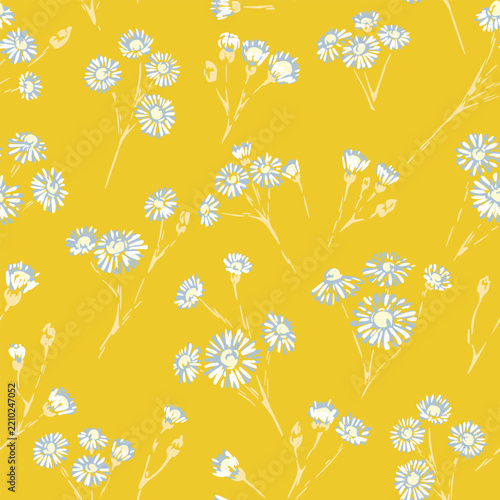 Seamless pattern with white daisy flowers on vibrant yellow background. Ideal for summer textiles, apparel, kitchen decor, gift wrapping paper, wallpaper, and stationery design.