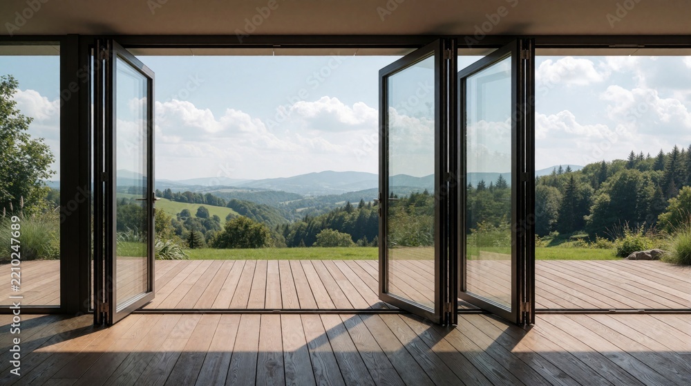 Fototapeta premium Modern aluminum folding doors open to wooden terrace. Large glass bifolds connect indoor living space with scenic mountain view. Sunny day shows rich green forest, rolling hills landscape.