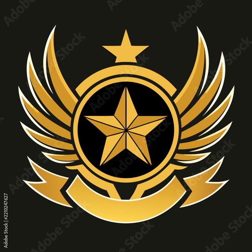Golden winged emblem featuring a five pointed star and ribbon vector illustration
