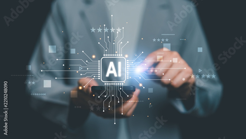 Fotografie Businessman uses AI on smartphone to analyze customer ratings and feedback, representing artificial intelligence, review analysis, customer experience, automation and service improvement