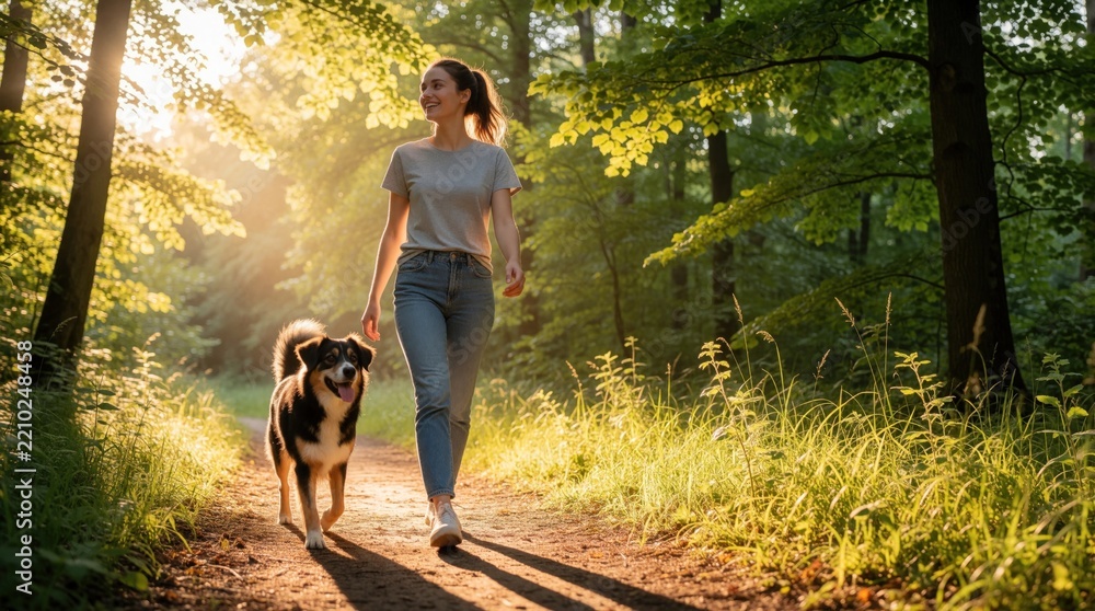 Obraz premium Happy young woman walks with mixed breed dog on forest path. Smiling female owner enjoys sunny afternoon stroll in park. Active lifestyle with pet companion during summer golden hour. Healthy