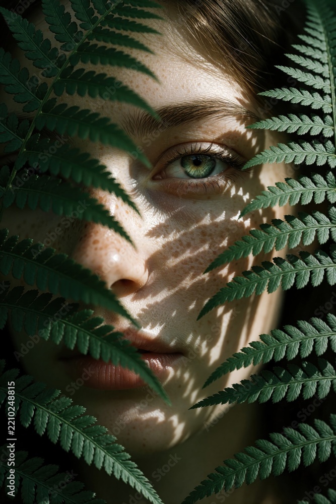 Obraz premium Close up portrait of young woman with freckles looking through green fern leaves. Natural skin texture, green eye visible behind forest plants. Shadows from foliage fall on face in moody outdoor