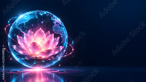 3D glassmorphism glowing lotus in digital wireframe globe