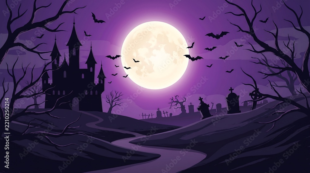Fototapeta premium Spooky halloween castle landscape with full moon and bats