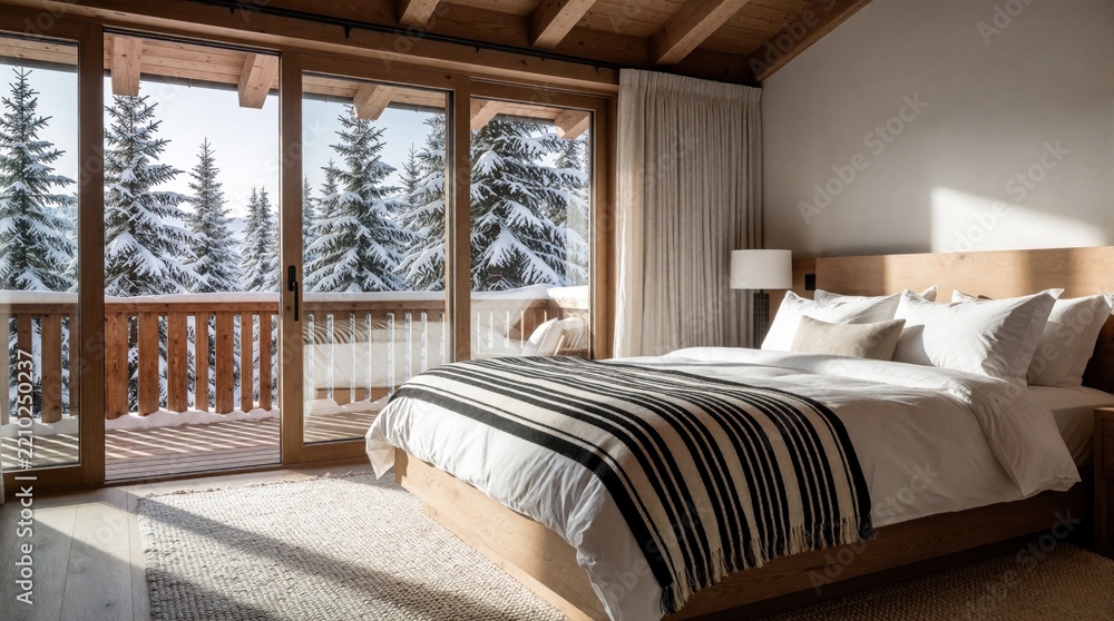 Obraz premium Cozy mountain cabin bedroom with large glass doors opening to snowy pine forest. King size bed with striped blanket sits in modern wooden interior. Peaceful winter vacation retreat features balcony