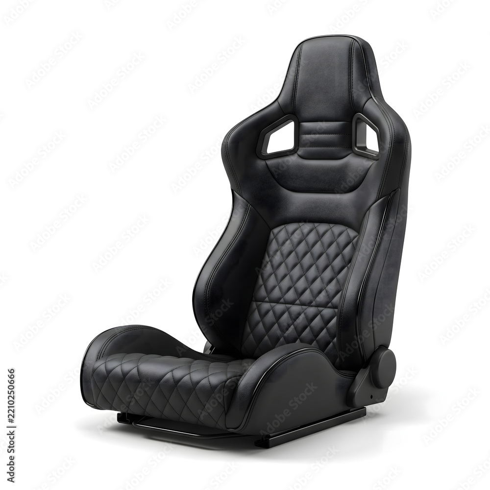 Naklejka premium Black Leather Reclinable Sport Bucket Seat with Diamond Stitching Isolated on White Background 3D Illustration