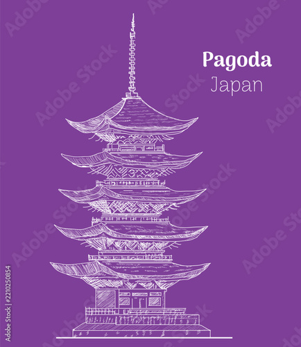 Japanese Pagoda Illustration with Traditional Multi-Tiered Architecture on Purple Background