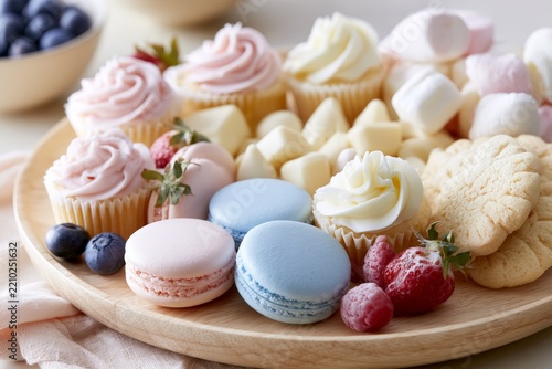 Pastel dessert platter with macarons cupcakes cookies and berries for baby shower table background and sweet party serving display