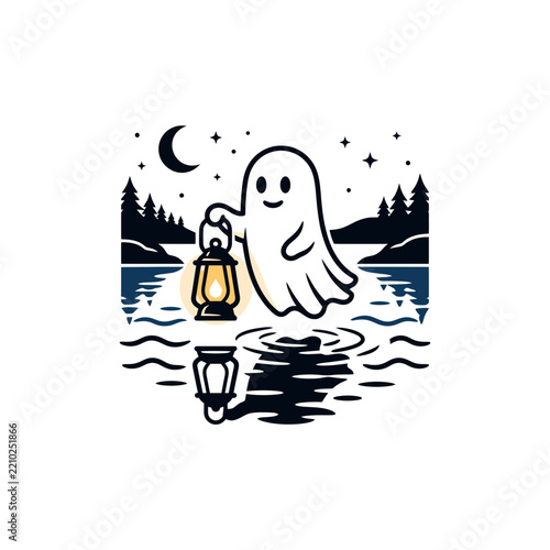 Ghost floating over a lake carrying a glowing lantern at night
