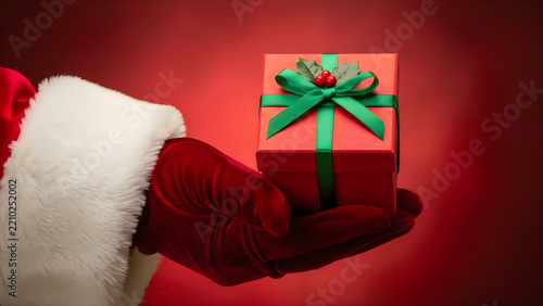 Santa claus holding a red christmas gift box