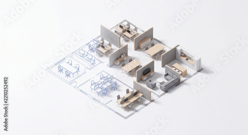 Isometric office floor plan render transforming from blueprint lines to furnished layout