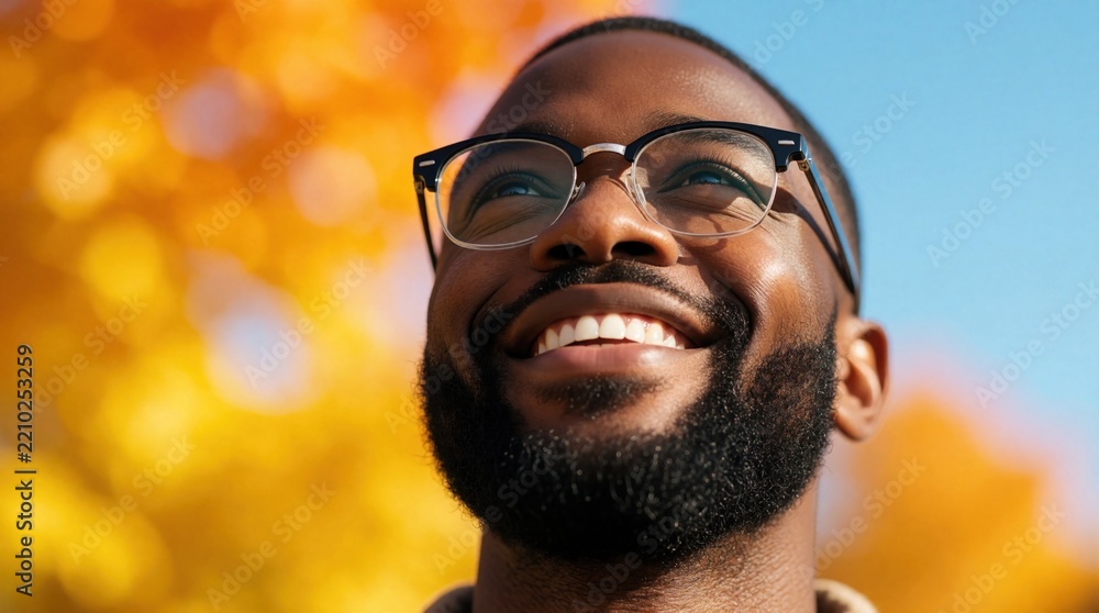 Fototapeta premium Smiling young Black man with beard, glasses looks up at sky. Happy African guy enjoys sunny autumn day in park. Close up portrait of cheerful person with joyful expression outdoors. Contentment,