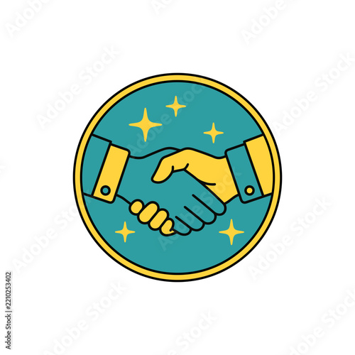 Business handshake inside a circular badge. Partnership and success graphic icon.