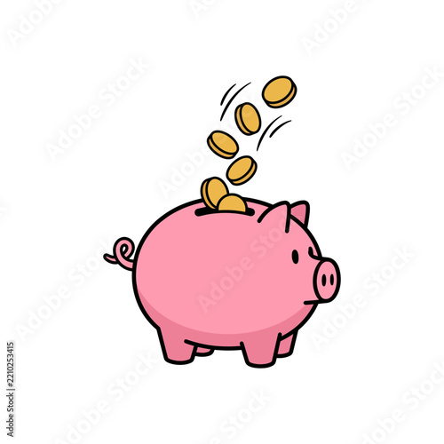 Cute pink piggy bank with gold coins dropping. Investment and savings graphic icon element.
