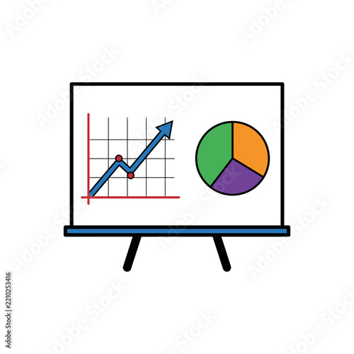 Presentation whiteboard with trend line and pie chart. Business pitch deck graphic icon element.