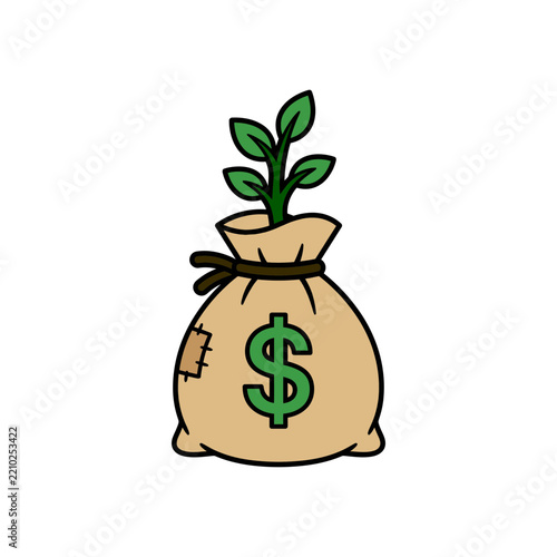 Burlap money bag with a green plant sprout. Venture capital growth graphic icon element.
