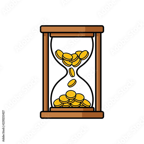 Vintage hourglass with falling golden coins. Time is money graphic icon element.